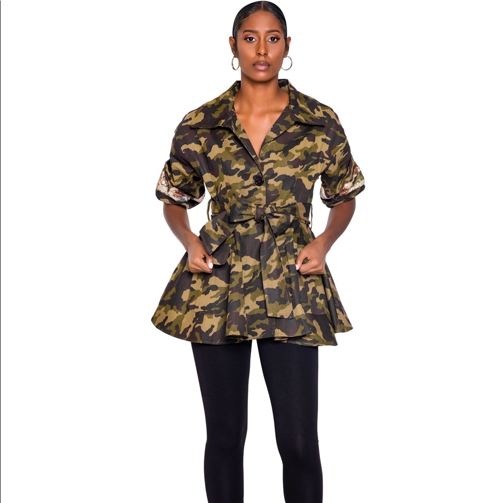 Camo Print Metallic Sequin Detail Jacket